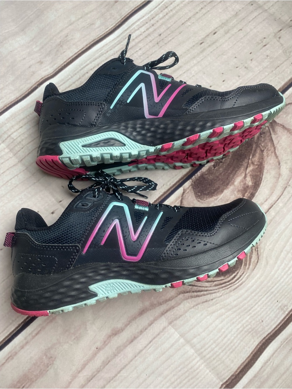 New Balance T 410 Black Sneakers with Pink & Mint Accents EUC women’s size 8